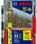 Cobalt Drill Bit Set, 21 Piece With Case, visible in transparent packaging with emphasis on durability and three flat shank design