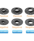 Image showing positive and negative black iron floor flanges in 1/2, 3/4, and 1-inch sizes for industrial pipe fittings.