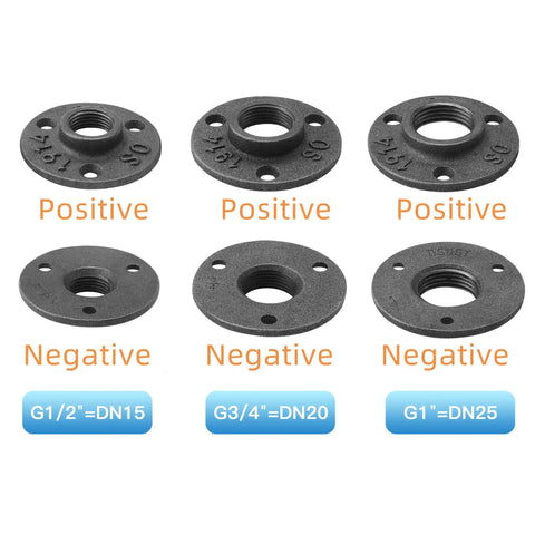 Image showing positive and negative black iron floor flanges in 1/2, 3/4, and 1-inch sizes for industrial pipe fittings.