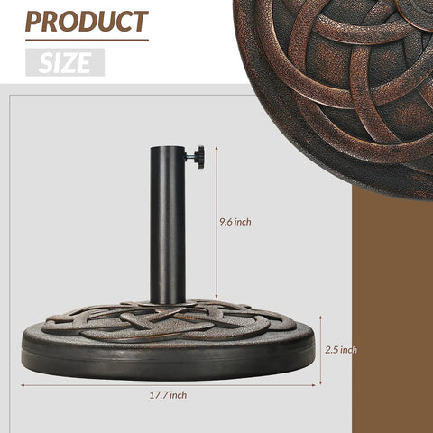 Heavy Duty 35 Lbs Bronze Umbrella Base With Adjustable Pole Holder For Outdoor Use showing size dimensions