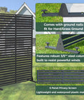 Outdoor Privacy Screen Set With Six Interlocking Freestanding Panels And Stand, 72 Inch Tall HDPE Fence With Louver Pattern in a garden setting.