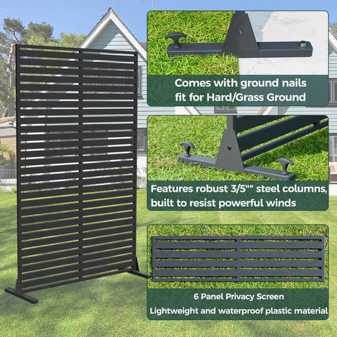 Outdoor Privacy Screen Set With Six Interlocking Freestanding Panels And Stand, 72 Inch Tall HDPE Fence With Louver Pattern in a garden setting.
