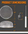 RV Furnace Vent Screen Kit For Camper With Stainless Steel Mesh Screens, installation tool, and silicone strip, dimensions shown.