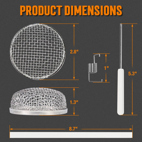 RV Furnace Vent Screen Kit For Camper With Stainless Steel Mesh Screens, installation tool, and silicone strip, dimensions shown.