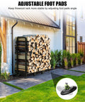 Outdoor Firewood Rack With Cover And Heavy Duty Wood Storage For Firewood Waterproof Logs Holder For Patio Deck And Fireplace Four Foot Indoor Outdoor Wood Stand Stacker System Black next to house with logs stacked.