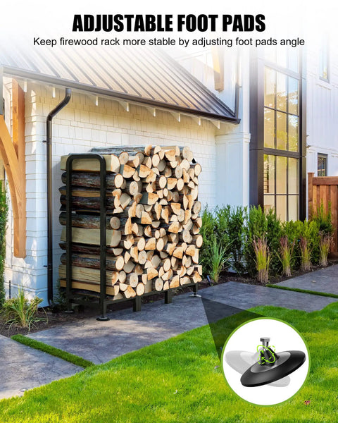 Outdoor Firewood Rack With Cover And Heavy Duty Wood Storage For Firewood Waterproof Logs Holder For Patio Deck And Fireplace Four Foot Indoor Outdoor Wood Stand Stacker System Black next to house with logs stacked.
