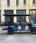 Smooth Operator Six Passenger Electric Golf Cart With Custom Paint Jobs showcasing blue exterior and seating for six in a modern setting.
