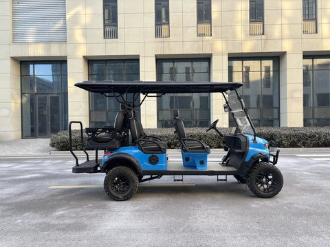 Smooth Operator Six Passenger Electric Golf Cart With Custom Paint Jobs showcasing blue exterior and seating for six in a modern setting.