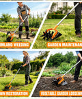 Person using Two In One Rotary Hand Tiller for gardening with adjustable 63-inch stainless steel pole in farm and garden settings.