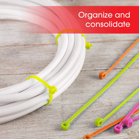 8-Inch Neon Zip Ties 100 Pack Self-Locking Nylon Cable Ties securing white cables on wooden surface