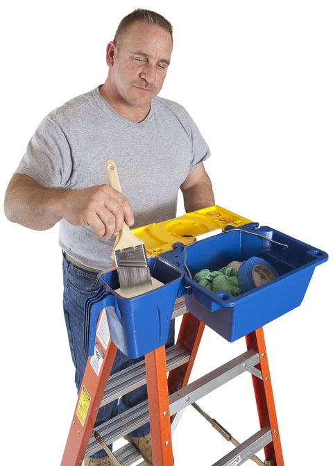 Person using AC52-UB Ladder Accessory Kit With Liquid Holder Swiveling Carry Handle on ladder with paintbrush and tools