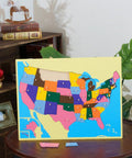 Montessori Wooden World Map Puzzle Set 23 Inch, USA map, colorful wooden pieces, homeschool learning materials.