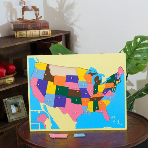 Montessori Wooden World Map Puzzle Set 23 Inch, USA map, colorful wooden pieces, homeschool learning materials.