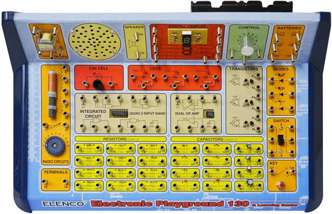 Hands On 130 In 1 Electronic Playground And Learning Center with integrated circuits, resistors, and speaker