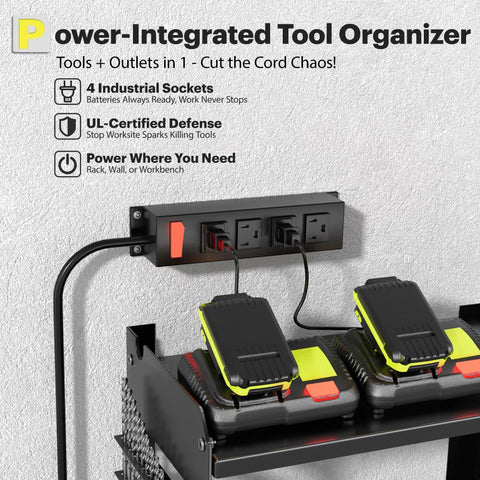Power Tool Organizer Wall Mount With Charging Station, 3 Layer Heavy Duty Metal Tool Storage Rack Holds 420lbs, 4 outlets