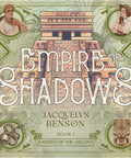 Empire of Shadows book cover featuring ancient temple, characters, and symbols with Raiders of the Arcana Book One mention.