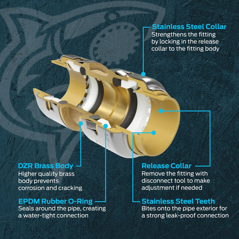 Cutaway view of 1 Inch Push To Connect Female Adapter To 1 Inch FNPT Brass Plumbing Fitting showing brass body and sealing components.