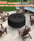 48 Inch Fire Pit Surround Tabletop With Cover For Yukon Bonfire And Ranger Pits, Tiki Compatible Smokeless Pits, shown with chairs