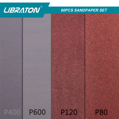 Ultimate Sandpaper Kit For Woodworking 60 Pc Assortment With 80 120 400 600 Grit Sheets showing various grit textures