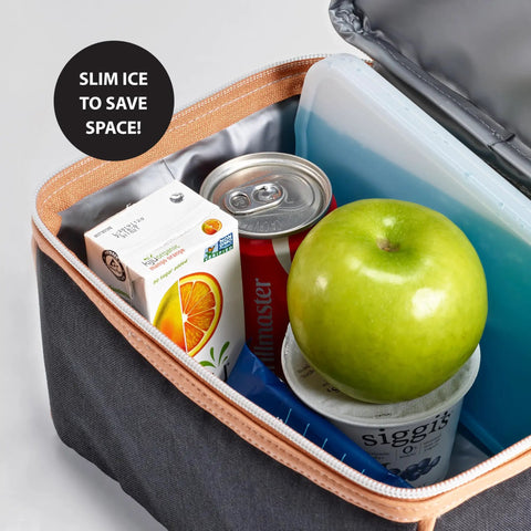 Slim Reusable Gel Ice Packs Set Of 8 BPA Free in a cooler, keeping drinks and snacks frosty, space-saving design.