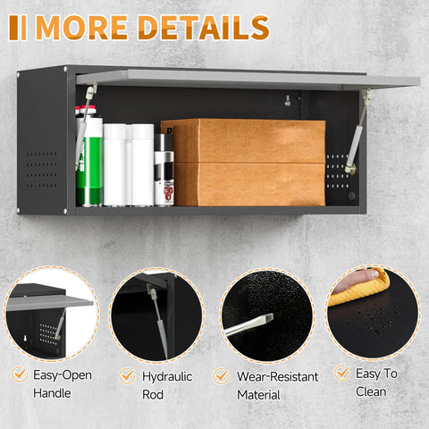 Up Flip Door Wall Mount Tool Cabinet With Pegboard, Built Tough Heavy Duty Steel Garage Storage Cabinet open with cans and boxes