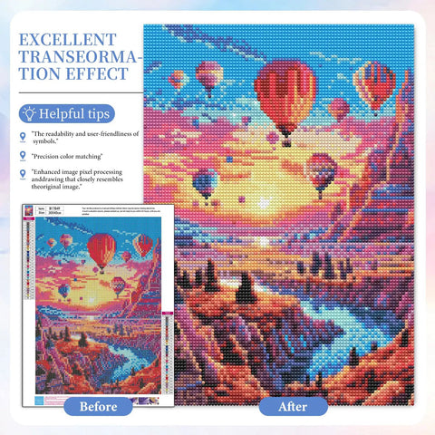 Hot Air Balloon Diamond Painting Kit For Beginners, 5D Sunset Landscape With Mountains And Lake, 12x16 DIY Wall Decor Image