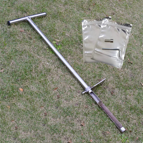 36 Inch Stainless Steel Soil Probe With Foot Pedal And Reusable Sample Bags for Lawn Garden Farm Soil Sampling Tool shown on grass.