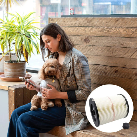 Woman with dog and phone, inset image of Replacement Filter For Craftsman 17816 Wet Dry Vacuum, Fits 9-17816 and larger models.