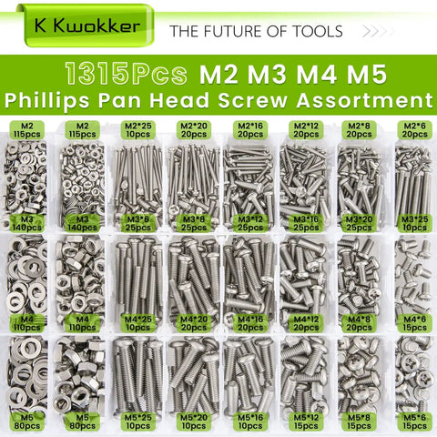 1315pcs Mega Pan Head Phillips Machine Screws Set M2 to M5 304 Stainless Steel Assortment with Nuts and Washers in storage case