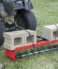 36-Inch Tow-Behind Spike Aerator For Lawns With 9 Galvanized Disks And An 80 Lb Weight Tray, Universal Hitch, attached to mower
