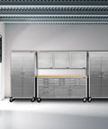 Beefy Six Piece Storage Cabinet System With Rolling Workbench And Slick Granite Finish Featuring Smudge Resistant Steel Panels in garage.