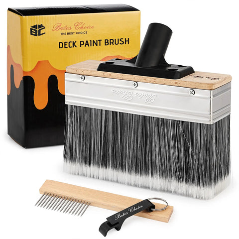 Deck Stain Brush 7.5 Inch Wood Stain Applicator with packaging, cleaning comb, and keyring on white background