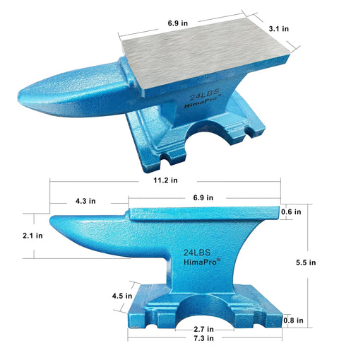 Blue Single Horn Cast Iron Anvil For Blacksmithing And Metal Shaping Beefy Pro Grade Heavy Duty Jewelry Making And Stamp Work Tool 24 Lbs, dimensions shown