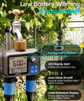 Dual Zone Sprinkler Timer For Garden And Lawn With 2 Brass Inlets Programmable Irrigation Controller Rain Delay shown outdoors