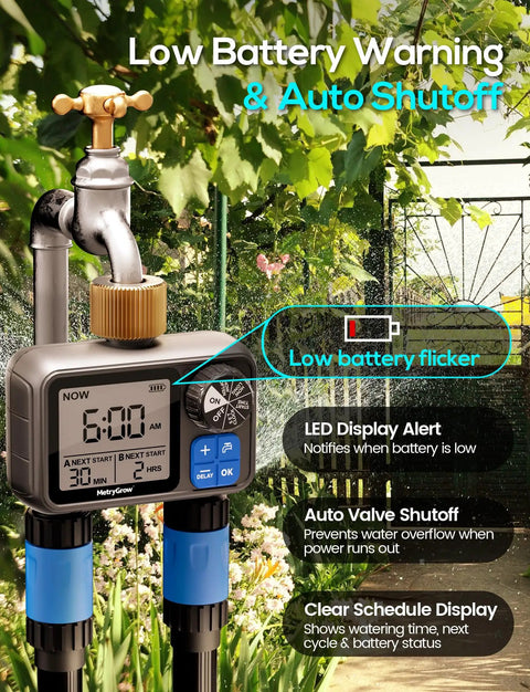 Dual Zone Sprinkler Timer For Garden And Lawn With 2 Brass Inlets Programmable Irrigation Controller Rain Delay shown outdoors