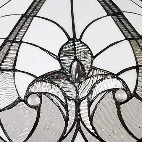 Close-up of Retro Style Stained Glass Pendant Light With 18 Inch White Shade Two Light Fixture For Living Room Dining Room Kitchen