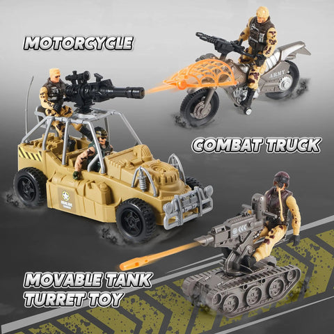 Ultimate Military Base Toys Set with army motorcycle, combat truck, and movable tank turret for realistic battle play.