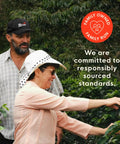 People inspecting coffee plants with text 'Family Owned Family Run' and 'We are committed to responsibly sourced standards'