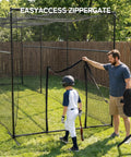 Man and child entering 40 Foot Batting Cage With Net And Frame For Baseball Softball Hitting And Pitching Practice Heavy Duty