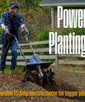 Man operating 18 Inch Corded Electric Tiller Cultivator With 15 Amp Power for Gardening 400 RPM in a large garden plot