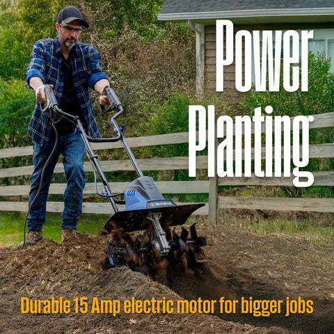 Man operating 18 Inch Corded Electric Tiller Cultivator With 15 Amp Power for Gardening 400 RPM in a large garden plot
