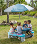Sun And Fun Picnic Table With Umbrella For Indoor And Outdoor Use Toddler Sized Table With Five Foot Shade Canopy That Blocks UVA And UVB Rays For Safe Chill Backyard Fun with kids seated under blue and white canopy