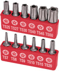 Heavy Duty Torx Star Five Point Tamper Proof Security Bits Set, 12 Piece Driver Bit Kit TS7-TS50 displayed in red case