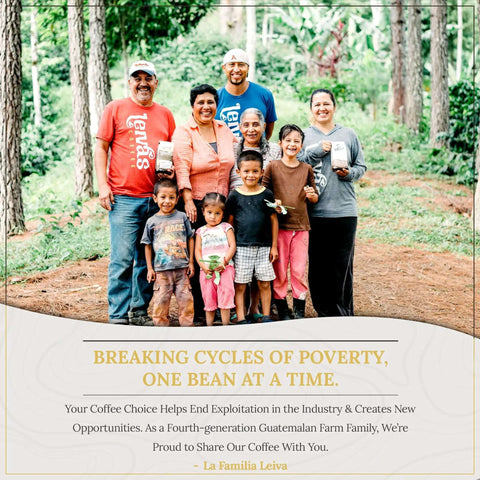Guatemalan coffee farming family smiling in a lush green field, promoting ethical coffee production and community support.