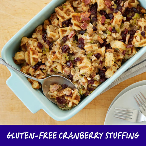 Gluten-free cranberry stuffing in a blue baking dish with spoon; Gluten Free Pancake And Baking Mix For Fluffy Pancakes, Waffles, Biscuits, And More Grab And Go Breakfasts Pack Of 6 16 Oz Each Ideal For Quick Easy Breakfasts, Snacks, And Desserts.