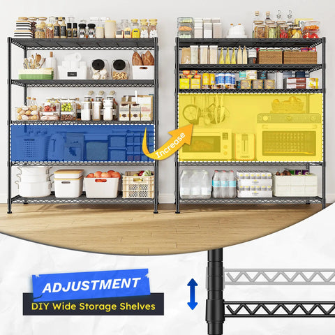 Rock Solid Heavy Duty 5 Tier Wire Shelving Rack 45 Inches Wide Adjustable Storage Organizer Carrying Up To 1000 Pounds Matte Black showcasing storage capacity with kitchen items.
