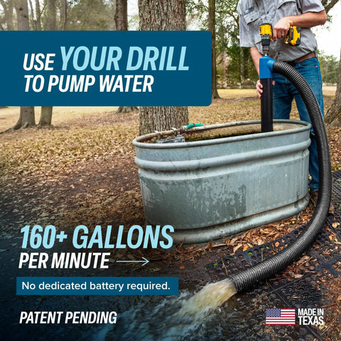 Heavy Duty Drill Powered Stick Water Transfer Pump Slams Through 160 GPM, draining water from a stock tank via a hose.