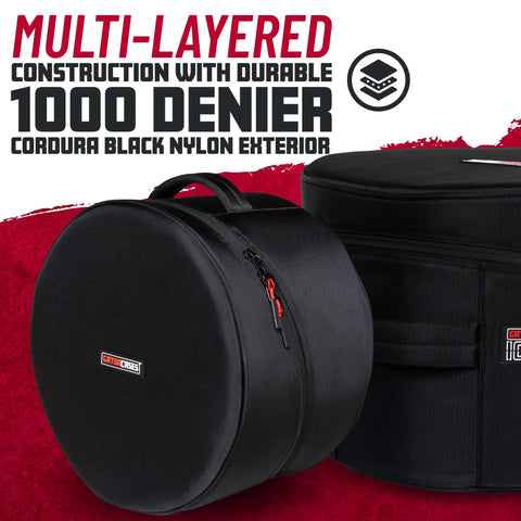 Top Tier 14 X 8 Inch Snare Drum Gig Bag With Hella Durable 1000D Nylon Armor For Keeping Your Kit Solid On The Road featuring zipper and handle.