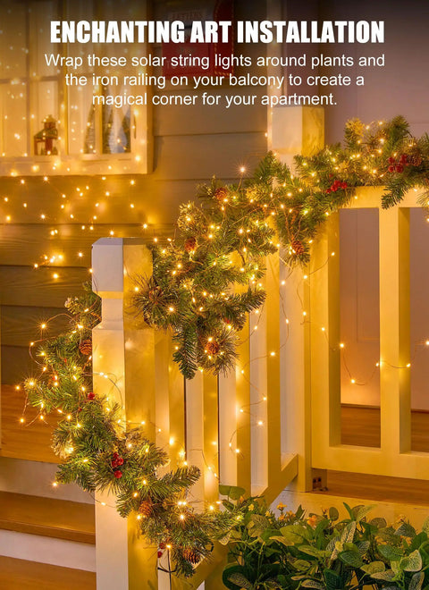 Solar Fairy Lights Outdoor 33 Ft 100 LED Warm White String Lights IP65 Waterproof for festive railing decor at night