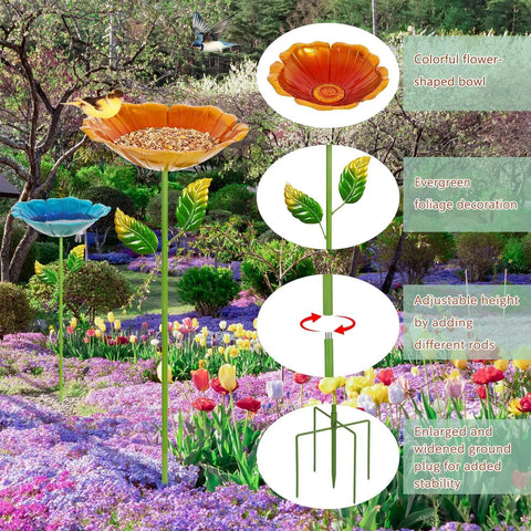 Colorful Metal Bird Bath for Outdoors, Flower Garden Hummingbird Bath on Five Stakes, Small Birdbath for Garden Decor, 31.3 Inches High and 10.63 Inch Diameter, Blue and Yellow, 2 Pack.